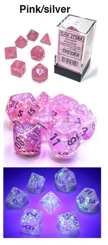 Chessex - Borealis® Polyhedral Pink/silver Luminary 7-Würfel Set (Leuchtet im Dunkeln)