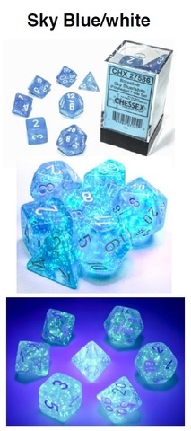 Chessex - Borealis® Polyhedral Sky Blue/white Luminary 7- Würfel Set (Leuchtet im Dunkeln)