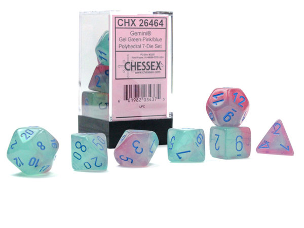 Chessex - Gemini® Polyhedral Gel Green-Pink/blue Luminary™ 7-Die Set (Leuchtet im Dunkeln)