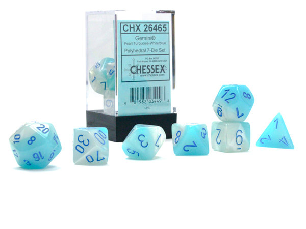 Chessex - Gemini® Polyhedral Pearl Turquoise-White/blue Luminary™ 7-Die Set (Leuchtet im Dunkeln)