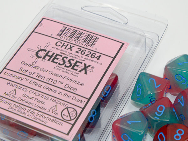 Chessex - Gemini® Gel Green-Pink/blue Luminary™ Set of 10 d10s (Leuchtet im Dunkeln)