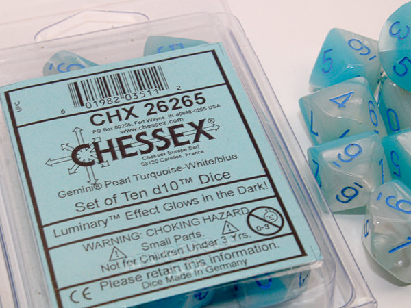 Chessex - Gemini® Pearl Turquoise-White/blue Luminary™ Set of 10 d10s (Leuchtet im Dunkeln)