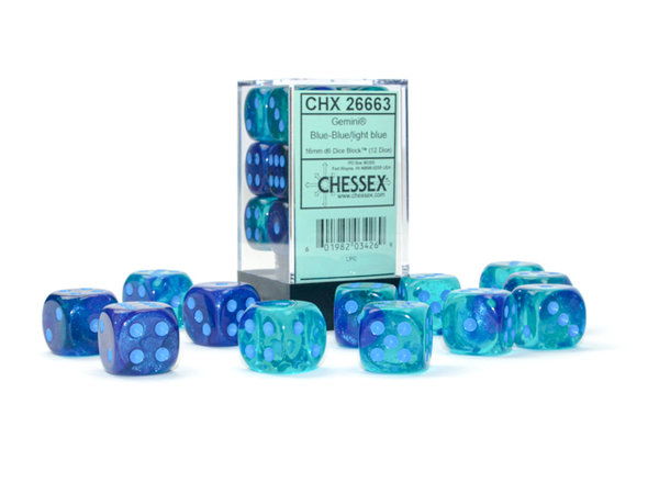 Chessex - Gemini® 16mm d6 Blue-Blue/light blue Luminary™ Dice Block™ (12 dice) (Leuchtet im Dunkeln)