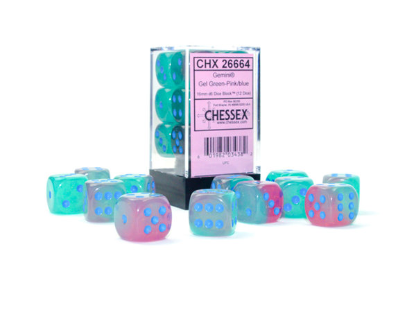 Chessex - Gemini® 16mm d6 Gel Green-Pink/blue Luminary™ Dice Block™ (12 dice) (Leuchtet im Dunkeln)