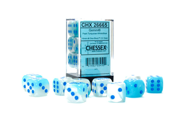 Chessex - Gemini® 16mm d6 Pearl Turquoise-White/blue Luminary™ Dice Block™ (12 (Leuchtet im Dunkeln)