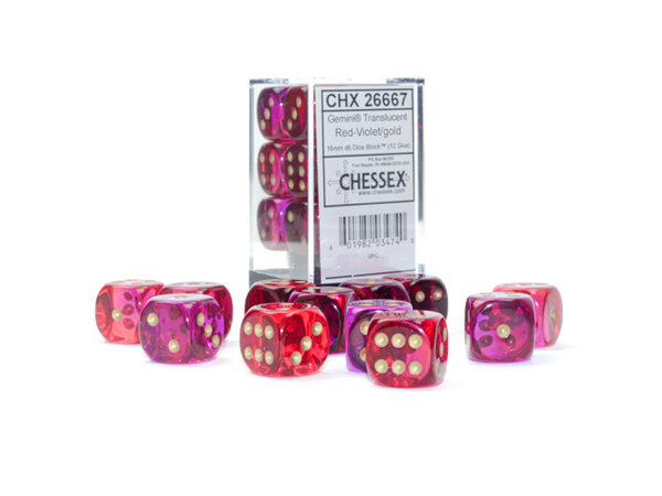 Chessex - Gemini® 16mm d6 Translucent Red-Violet/gold Dice Block™ (12 dice)
