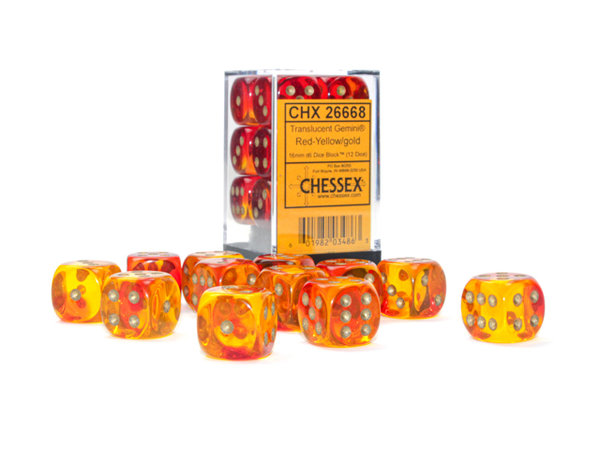 Chessex - Gemini® 16mm d6 Translucent Red-Yellow/gold Dice Block™ (12 dice)
