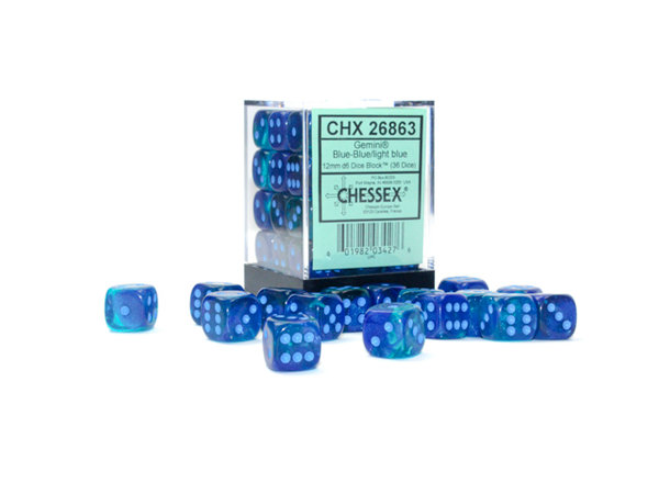 Chessex - Gemini® 12mm d6 Blue-Blue/light blue Luminary™ Dice Block™ (36 dice)(Leuchtet im Dunkeln)