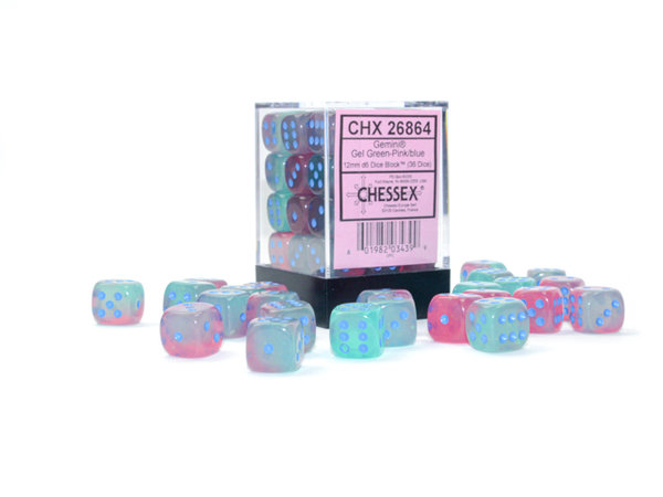 Chessex - Gemini® 12mm d6 Gel Green-Pink/blue Luminary™ Dice Block™ (36 dice) (Leuchtet im Dunkeln)