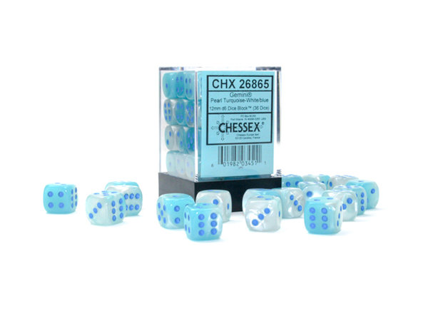 Chessex - Gemini® 12mm d6 Pearl Turquoise-White/blue Luminary™ Dice Block™ (36 (Leuchtet im Dunkeln)
