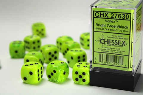 Chessex - Vortex Bright Green w/black Signature™ 16mm d6 with pips Dice Blocks™ (12 Dice)