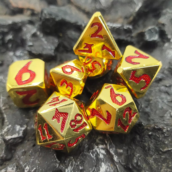 Metall-Würfelset "Dragon Scale Font" Gold/Rot