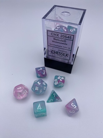 Chessex - Nebula® Mini-Polyhedral Wisteria/white Luminary™7-Die Set (leuchtet im Dunkeln)