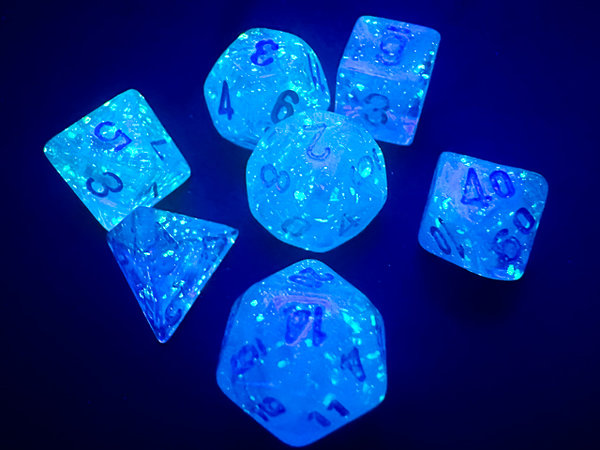 Chessex - Luminary™ Mini-Polyhedral Sky/silver 7-Die Set (leuchtet im Dunkeln)